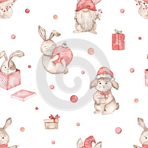 Watercolor Christmas seamless pattern with bunnies, gifts, symbol of the year, balls