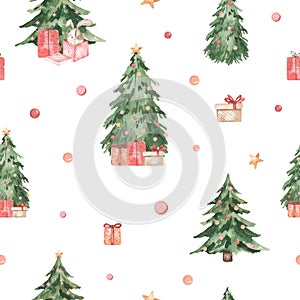 Watercolor Christmas seamless pattern with Christmas trees, Christmas tree decorations, gifts, balls