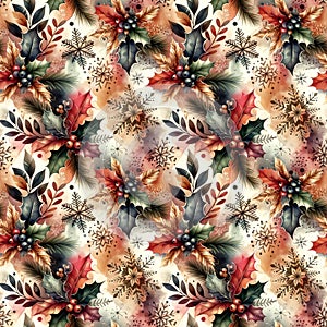 Watercolor christmas seamless pattern with colorful holly berry, leaves and snowflakes