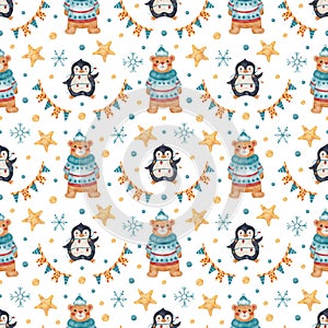 Watercolor Christmas seamless pattern with cute penguins and polar bear on white background