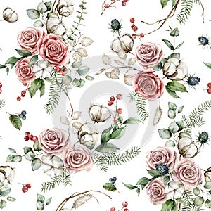 Watercolor Christmas seamless pattern of flowers with pink roses, cotton, blue Thistle and lunaria. Hand painted plants