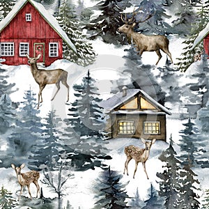 Watercolor Christmas seamless pattern with houses and deers in winter forest. Hand painted illustration with fir trees