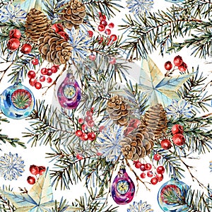 Watercolor Christmas seamless pattern with natural bouquet of fir branches, star, pine cones, vintage botanical texture