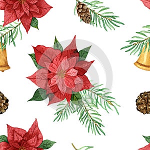 Watercolor Christmas seamless pattern with poinsettia, eucalyptus branches, berries on a white background.