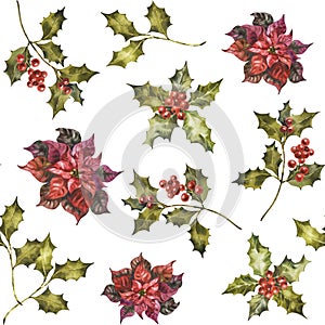 Watercolor Christmas seamless pattern with poinsettia, holly and mistletoe sprigs with berries. Hand painted holiday
