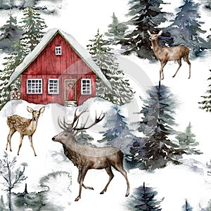 Watercolor Christmas seamless pattern with red house and deers in winter forest. Hand painted illustration with fir