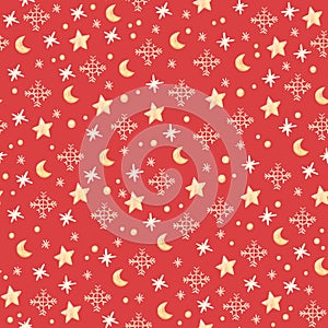 Watercolor Christmas Seamless pattern with snowflakes. Winter background with golden stars, moons and snow. Perfect for wrapping
