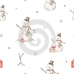 Watercolor Christmas seamless pattern with snowman, gifts, snow, drifts, twigs