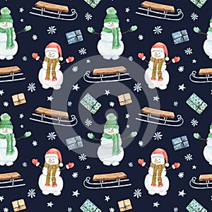 Watercolor Christmas seamless pattern with snowman, sledges, giftes and snowflakes on dark background