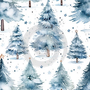 Watercolor Christmas seamless pattern with snowy trees isolated on white background