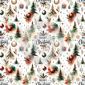 Watercolor Christmas seamless pattern with trees, christmas balls and ornaments in grunge vintage style