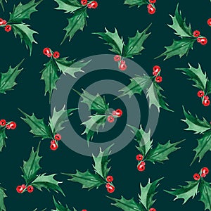 Watercolor Christmas seamless pattern whith Holly.