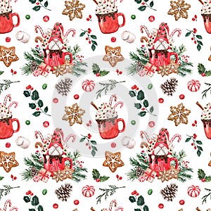 Watercolor Christmas seamless pattern with winter hot cocoa in a red mug, gingerbread cookies, gnome, candy cane, fir tree