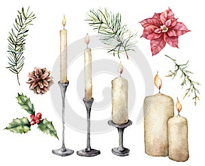 Watercolor Christmas set with candles, flower and pine branches. Hand painted pine cone, poinsettia and holly isolated