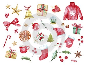 Watercolor Christmas set with Christmas stockings, candy canes, Christmas decorations, stars and toys on white background.