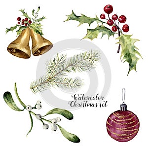 Watercolor christmas set. Hand painted collection with bells, mistletoe, holly, fir branch and christmas ball isolated