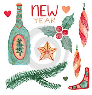 Watercolor Christmas set with holiday decorations. New year champagne, mistletoe and other decor.