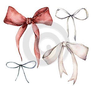 Watercolor christmas set with red, white and silver bows. Hand painted gift bow isolated on white background. Christmas