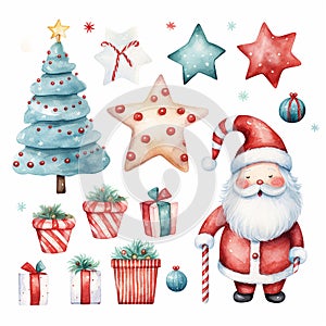 Watercolor Christmas set with Santa Claus, christmas tree, star, snowflakes, gift boxes, candy canes, stars and balls.