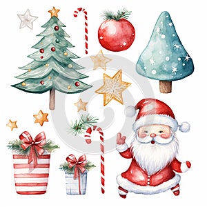 Watercolor Christmas set with Santa Claus, christmas tree, star, snowflakes, gift boxes, candy canes, stars and balls.