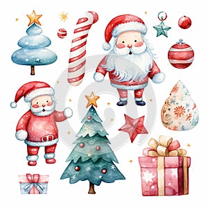 Watercolor Christmas set with Santa Claus, christmas tree, star, snowflakes, gift boxes, candy canes, stars and balls.