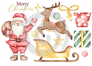 Watercolor christmas set with santa claus, reindeer, santa claus sleigh, stars, gifts