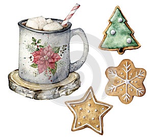 Watercolor Christmas set with silver mug, pastry and cocoa. Hand painted cup, marshmallow and cookies isolated on white