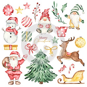 Watercolor christmas set with snowman, santa claus, deer, christmas gnomes, sleigh, gifts, christmas decorations, christmas tree 1