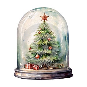Watercolor Christmas Snow Globe with Christmas tree
