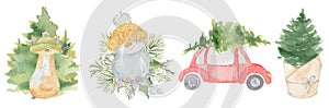 Watercolor Christmas snowman, fox, pine tree and car. Cartoon illustration isolated white background
