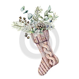 Watercolor Christmas sock with winter floral decor. Hand painted holiday symbol with fir branches, berries and seeds