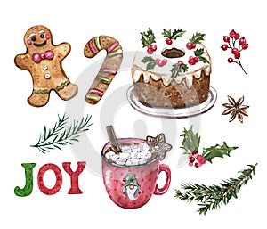 Watercolor Christmas sweets and desserts clip art set. hand painted illustrations. Gingerbread cookies, cake, hot cocoa mug