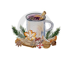 Watercolor Christmas tea, gingerbread snowflake, spices, cinnamon, tangerine, chocolate candy, walnut, white backgroun