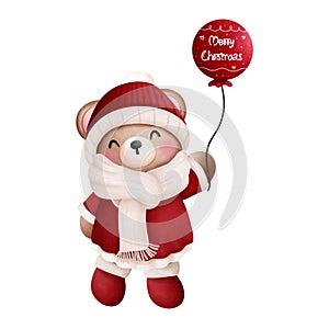 Watercolor christmas teddy bear in red santa hat and scarf with balloon clipart