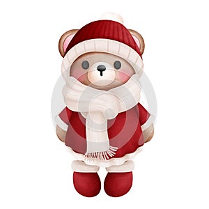 Watercolor christmas teddy bear in red santa hat and scarf illustration