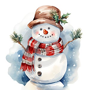Watercolor Christmas Theme Decoration Illustration. Winter Season Festive. Holiday Artwork. Snowman Standing with Happy Season.