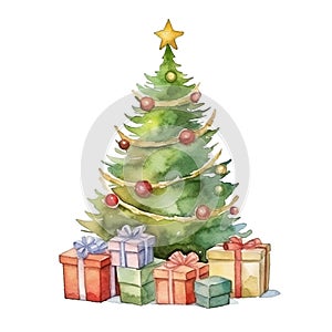 Watercolor Christmas tree with balls and gift boxes isolated on white. Generative ai