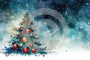 watercolor Christmas Tree With Baubles And Blurred Shiny Lights banner with text space