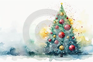 watercolor Christmas Tree With Baubles And Blurred Shiny Lights banner with text space