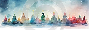 watercolor Christmas Tree With Baubles And Blurred Shiny Lights banner with text space