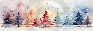 watercolor Christmas Tree With Baubles And Blurred Shiny Lights banner with text space