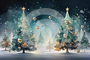 watercolor Christmas Tree With Baubles And Blurred Shiny Lights banner with text space