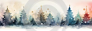 watercolor Christmas Tree With Baubles And Blurred Shiny Lights banner with text space