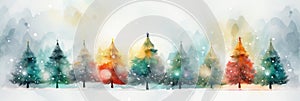 watercolor Christmas Tree With Baubles And Blurred Shiny Lights banner with text space