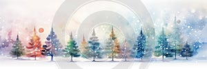 watercolor Christmas Tree With Baubles And Blurred Shiny Lights banner with text space