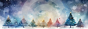 watercolor Christmas Tree With Baubles And Blurred Shiny Lights banner with text space