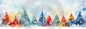 watercolor Christmas Tree With Baubles And Blurred Shiny Lights banner with text space