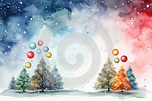 watercolor Christmas Tree With Baubles And Blurred Shiny Lights banner with text space