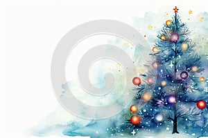 watercolor Christmas Tree With Baubles And Blurred Shiny Lights banner with text space