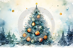 watercolor Christmas Tree With Baubles And Blurred Shiny Lights banner with text space